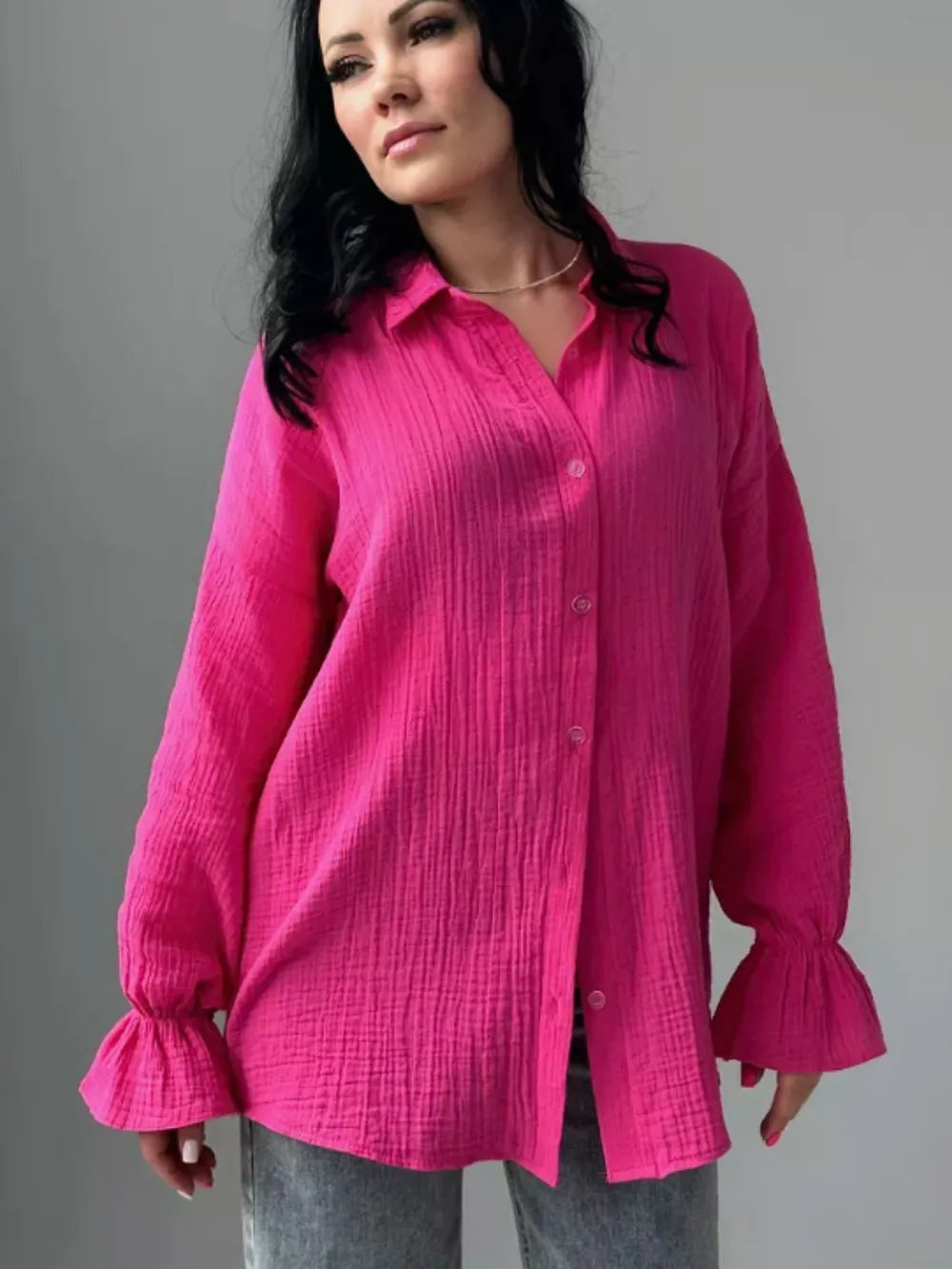 Vibrant fuchsia women’s collared flounce sleeve loose fit cotton shirt