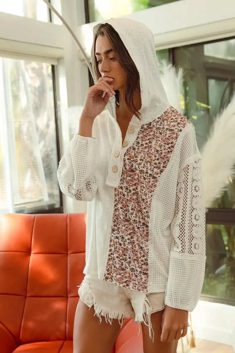 BiBi Slub Jersey with Lace Combo Buttoned Hoodie Top | Hoodies Daverri Fashions