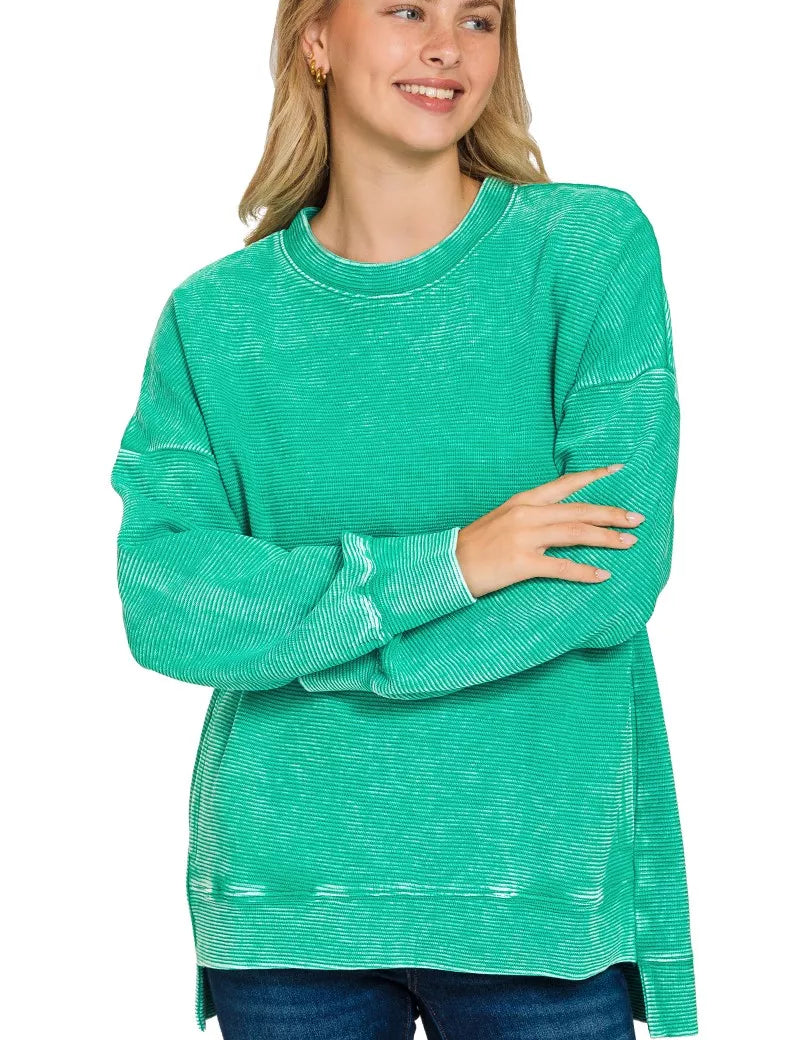 K GREEN Zenana Full Size Acid Washed Double Ribbed Hi-low Sweatshirt Plus Size | Daverri Fashions