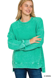 K GREEN Zenana Full Size Acid Washed Double Ribbed Hi-low Sweatshirt Plus Size | Daverri Fashions