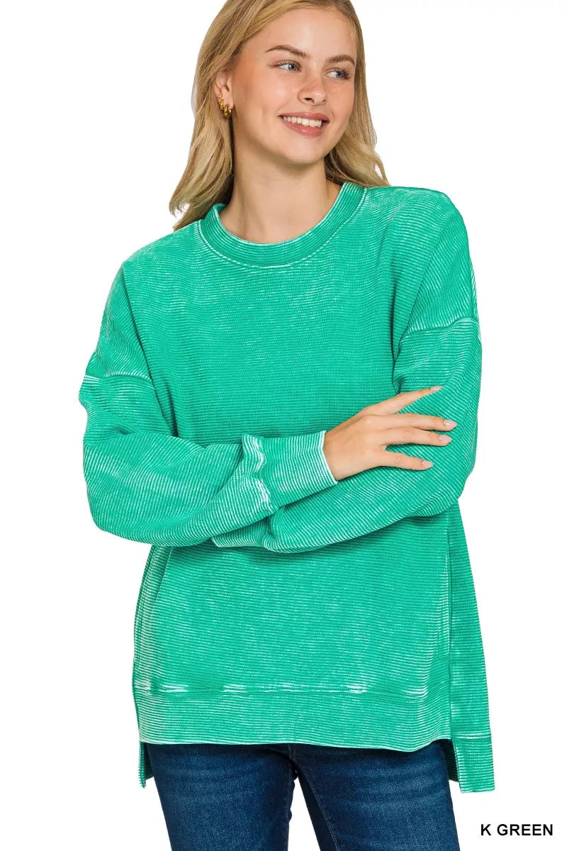 K GREEN Zenana Full Size Acid Washed Double Ribbed Hi-low Sweatshirt Plus Size | Daverri Fashions