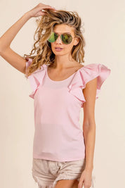 BiBi Wide Layered Ruffle Sleeve Scoop Neck Ribbed Top | Tops Daverri Fashions