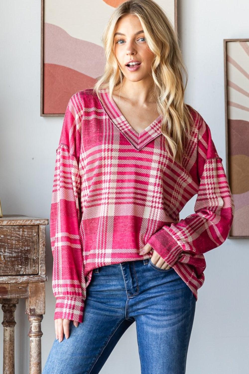 Heimish Plaid Drop Shoulder V-Neck T-Shirt | Daverri Fashions