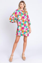 GeeGee Full Size Floral Round Neck Lantern Sleeve Mini Dress Mini Dresses