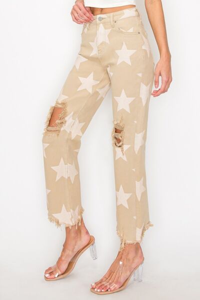 RISEN Full Size High Rise Star Printed Frayed Hem Jeans Jeans