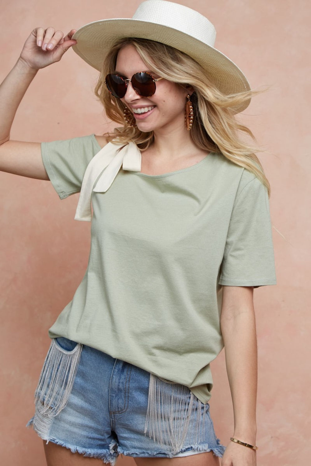 BiBi Tied Ribbon One Shoulder Short Sleeve T-Shirt T-Shirts