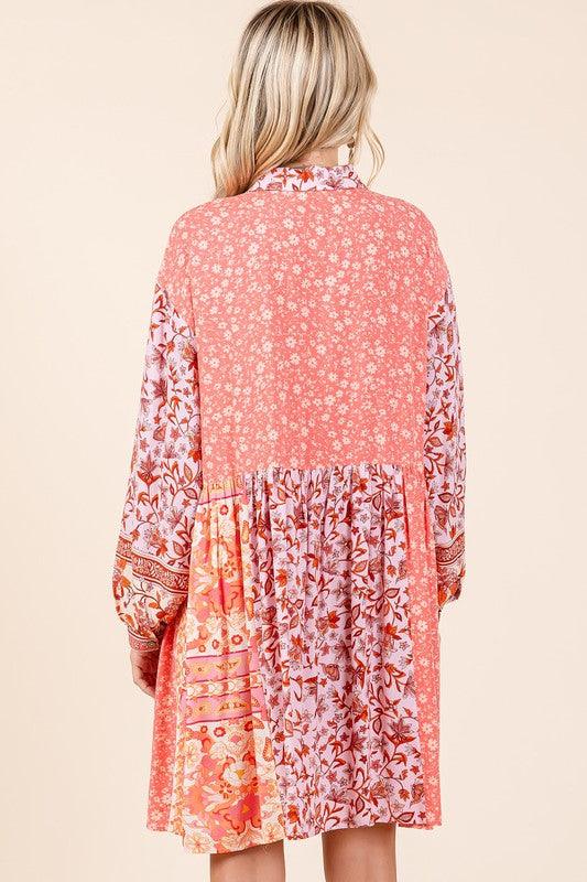 Mittoshop Coral Pink Floral Button Detail Long Sleeve Shirt Dress Mini Dresses