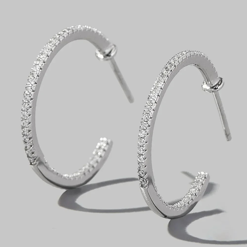 Silver Zircon 925 Sterling C-Hoop Earrings with Cubic Zirconia