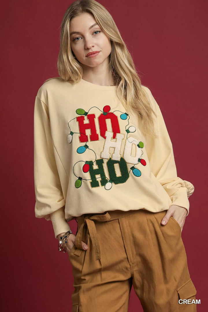 Cream Umgee HO Applique French Terry Sweatshirt | Sweatshirts Daverri Fashions