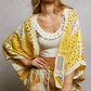 Vibrant yellow and cream POL open front crochet kimono with scalloped lace edge over white crop top
