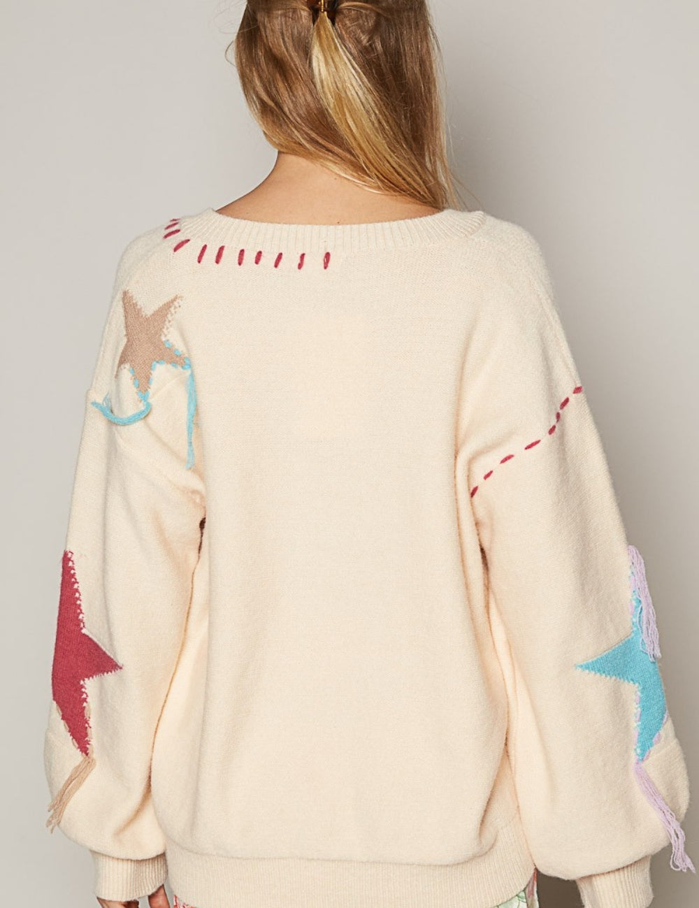 POL V-Neck Long Sleeve Star Fringe Sweater