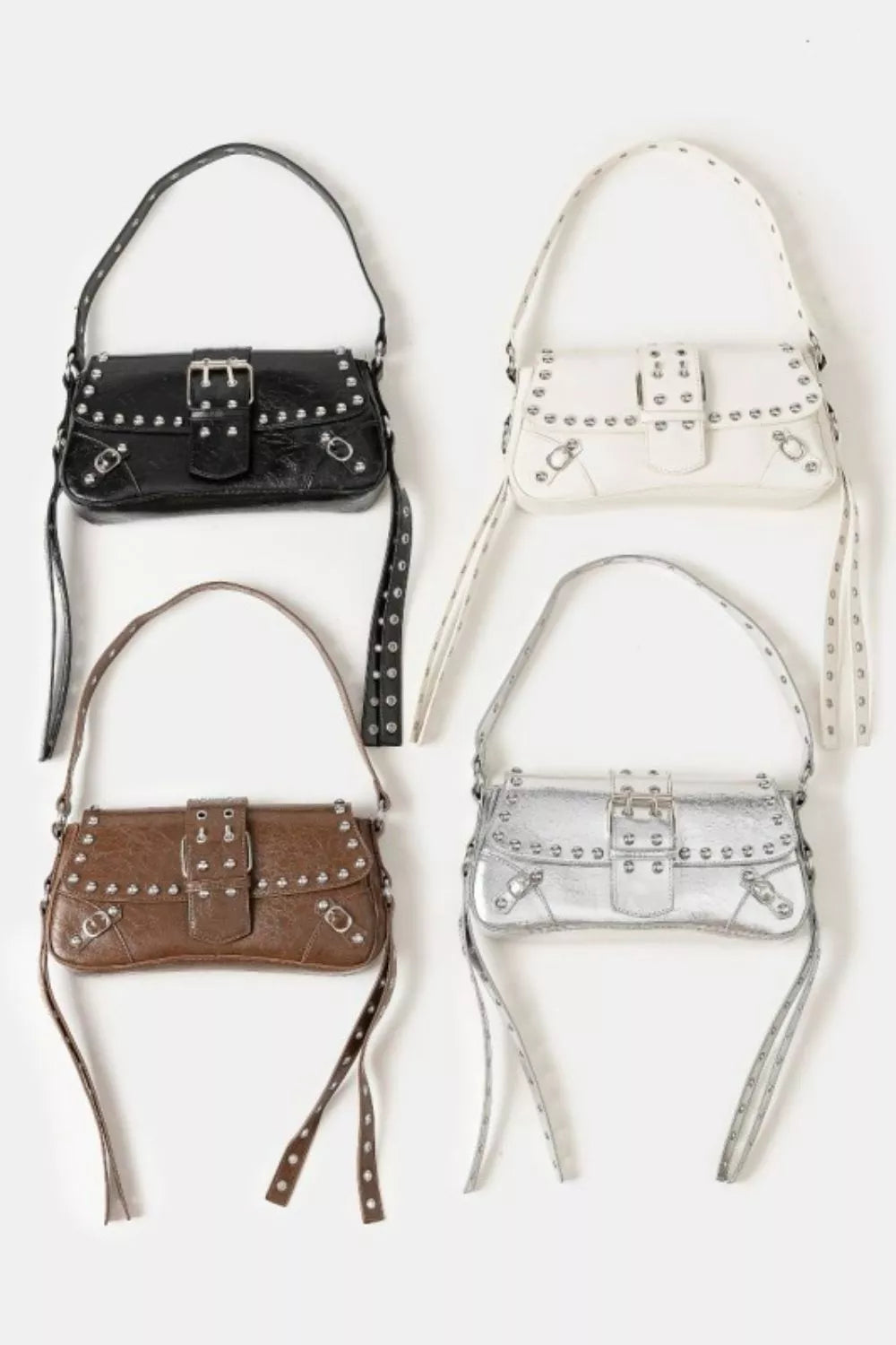 Fame Glossy Faux Leather Rivet Trim Shoulder Bag | Daverri Fashions