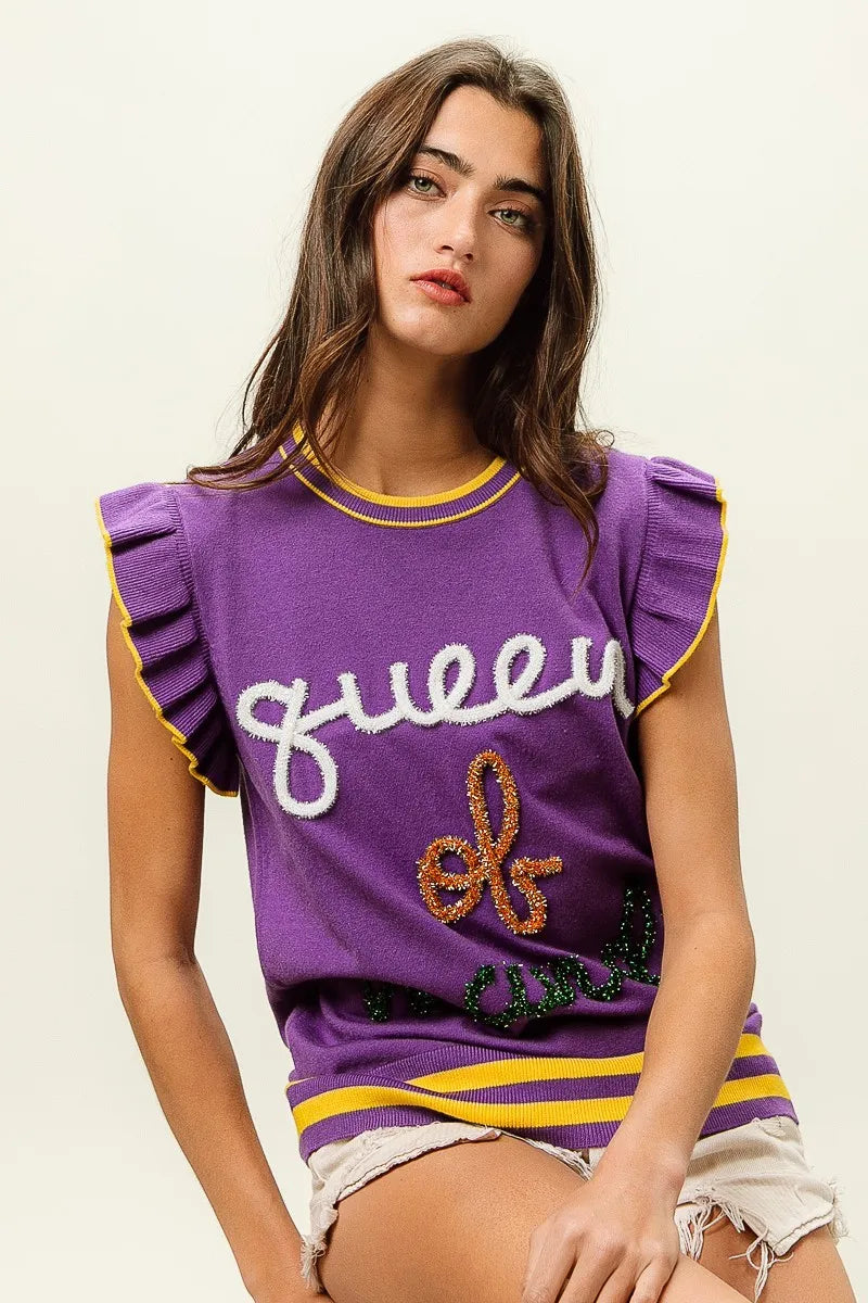 BiBi Queen Of Mardi Ruffled Armhole Sleeveless Knit Top | Knit Tops Daverri Fashions