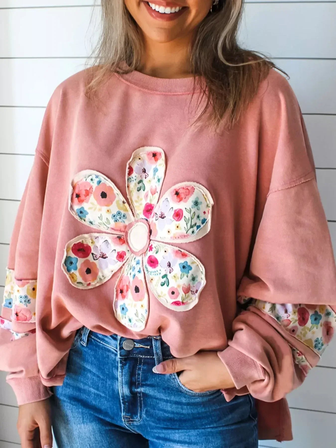 Oversized Floral Applique Drop Shoulder Sweatshirt - DAVERRI FASHIONS