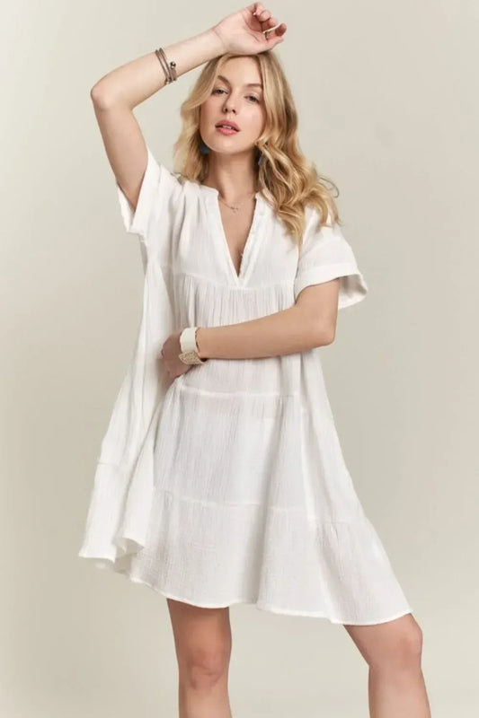 ADORA Tiered Notched Short Sleeve Dress - DAVERRI FASHIONS