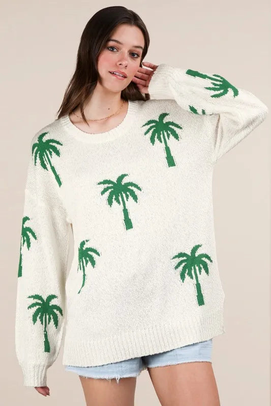 VERY J Palm Tree Graphic Oversized Knit Sweater Sweaters