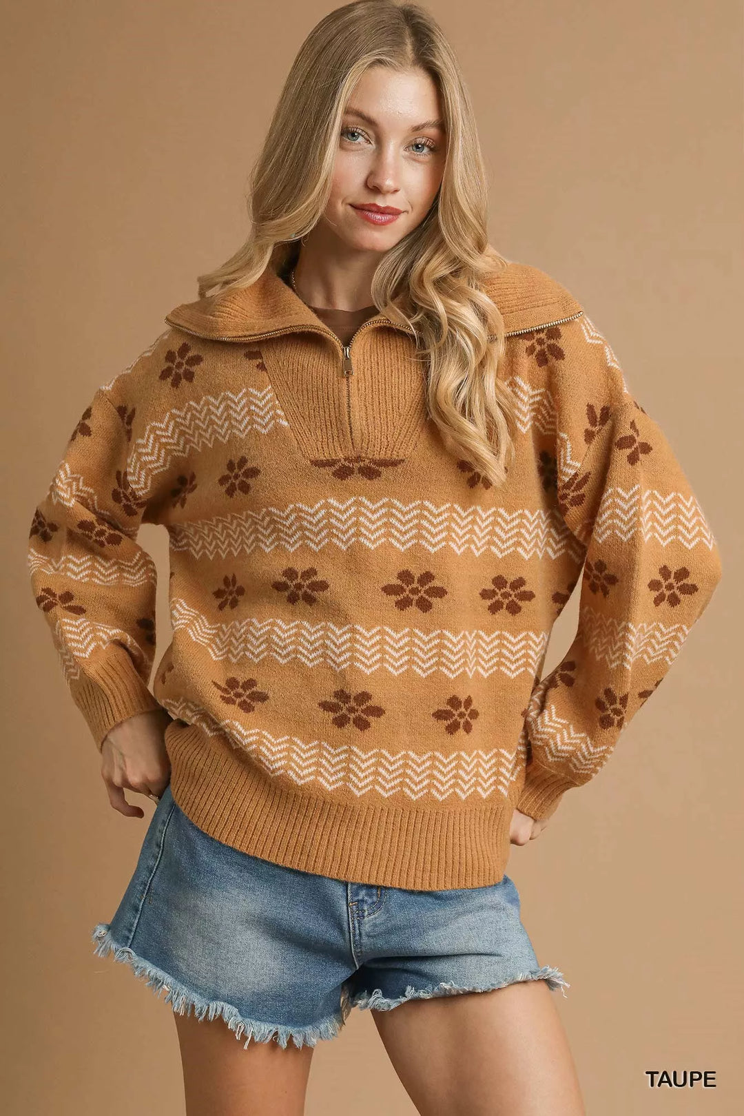 TAUPE Umgee Floral Patterned Jacquard Quarter-Zip Pullover Sweater | Sweaters Daverri Fashions