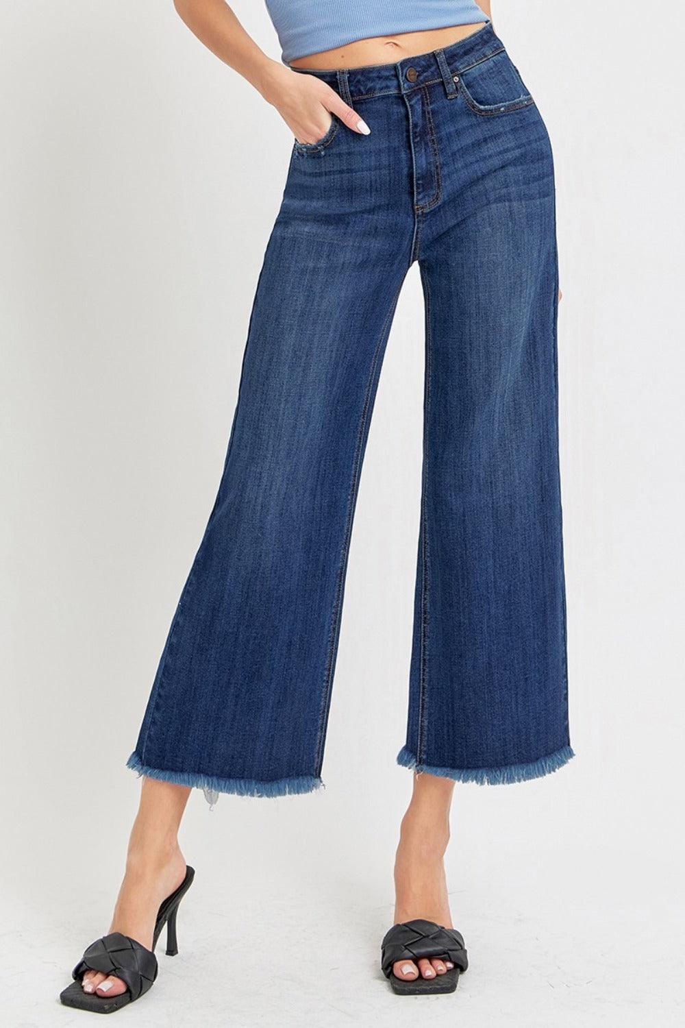 High Rise Raw Hem Cropped Wide Leg Jeans Dark Bottoms