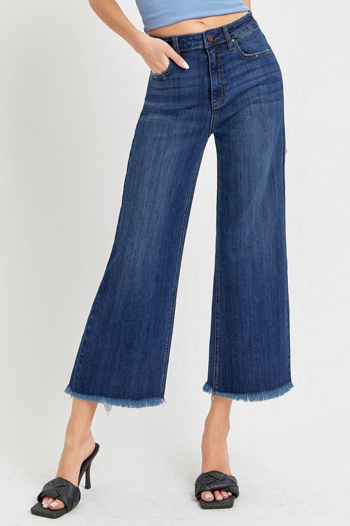 High Rise Raw Hem Cropped Wide Leg Jeans Dark 7(28) Bottoms