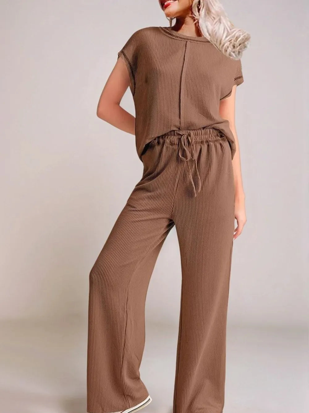 Brown Ribbed Exposed Seam Top and Pants Set | Loungewear Sets Daverri Fashions