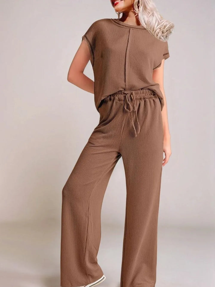 Brown Ribbed Exposed Seam Top and Pants Set | Loungewear Sets Daverri Fashions
