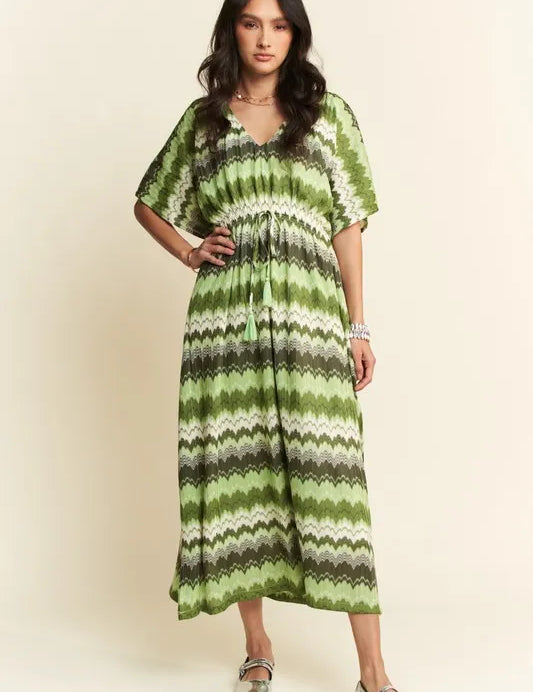 Sage Multi Davi & Dani Multi Color Wavy Tie Waist Flowy Sleeve Dress | Daverri Fashions