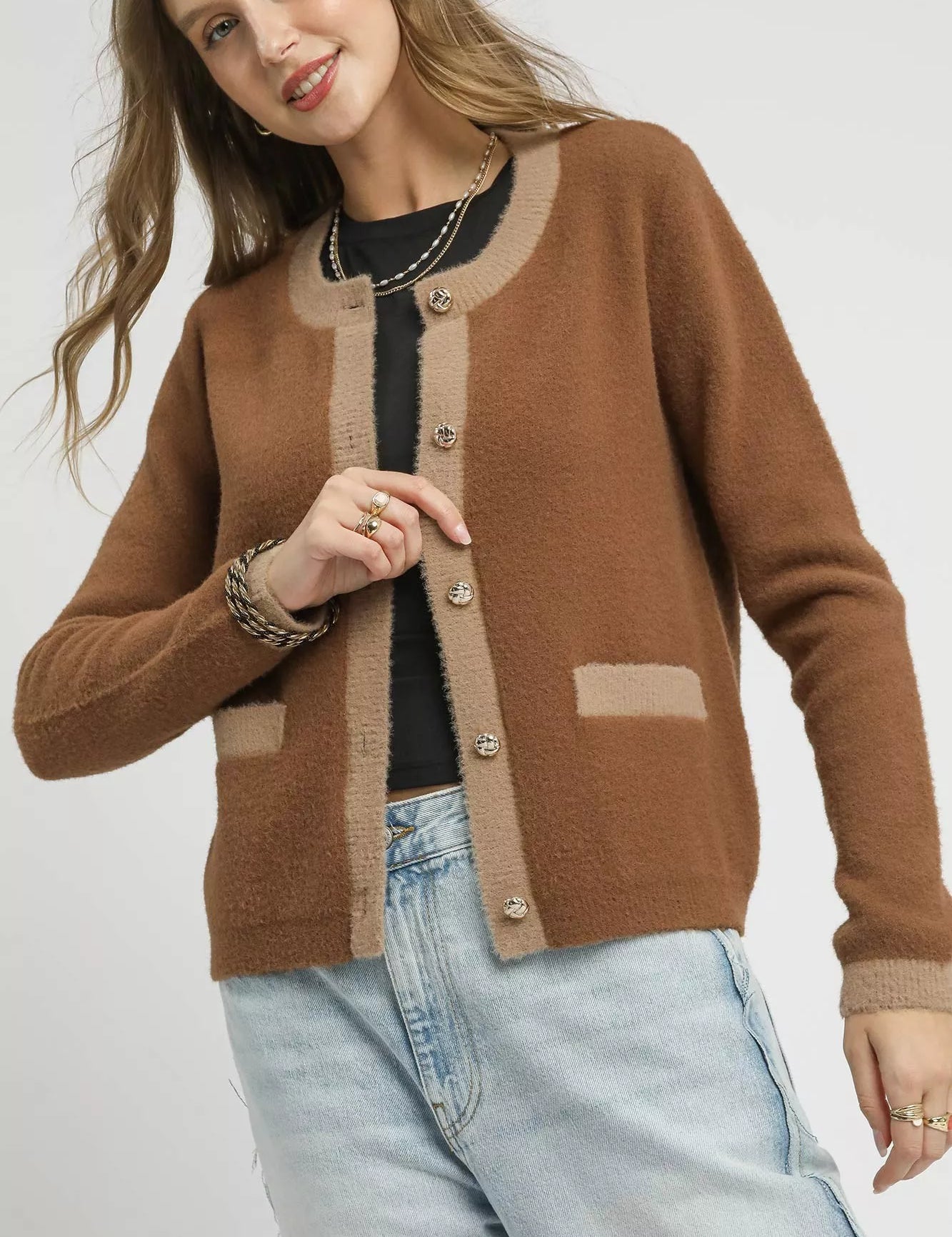 LATTE Umgee Two-Tone Button Front Cardigan | Cardigans Daverri Fashions