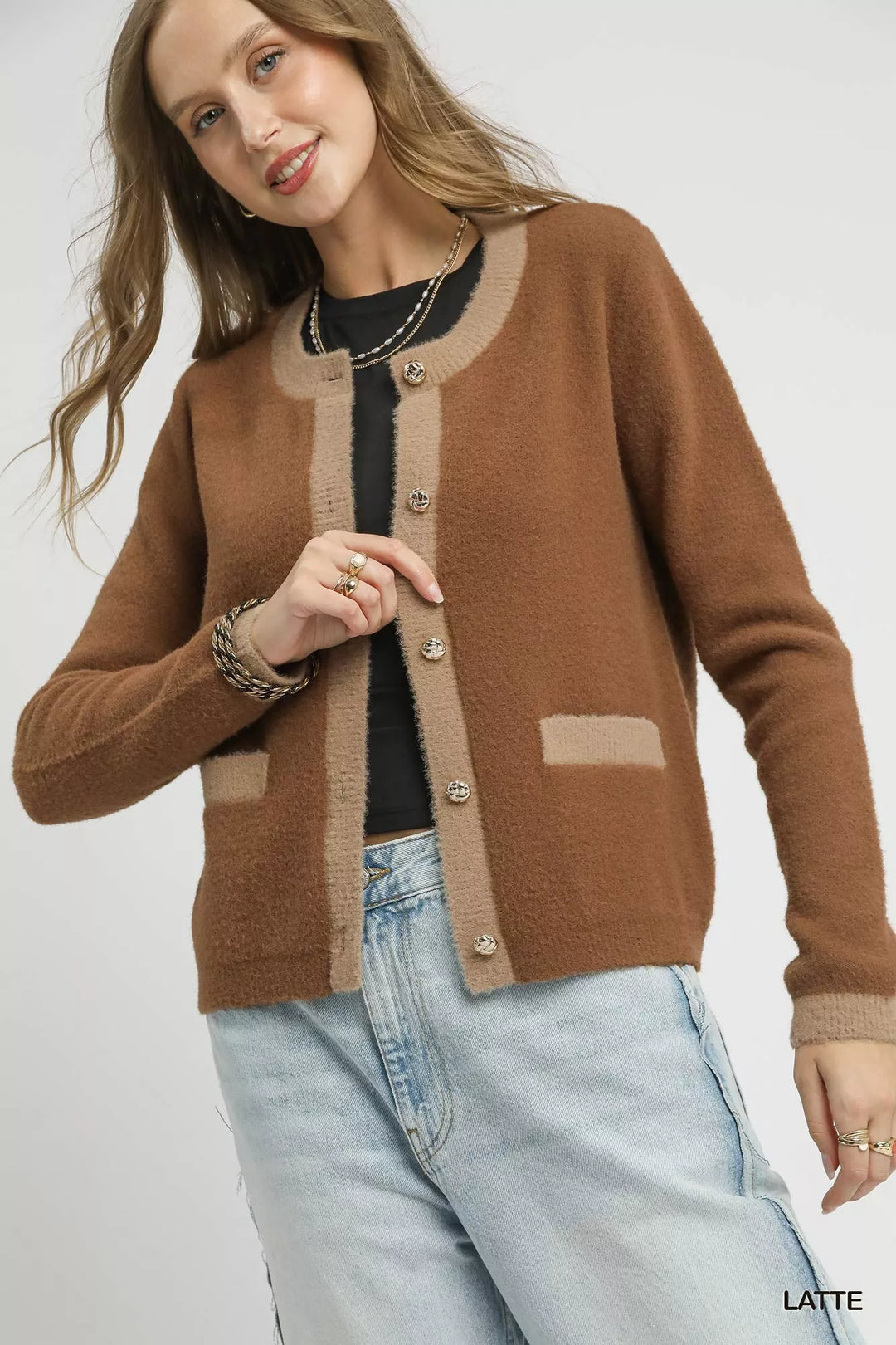 LATTE Umgee Two-Tone Button Front Cardigan | Cardigans Daverri Fashions