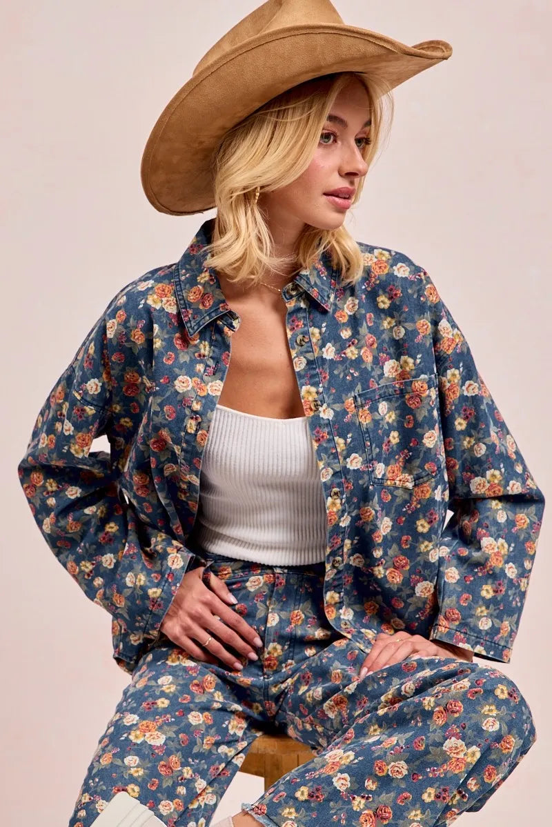 BiBi Washed Floral Print Denim Jacket DENIM Shackets