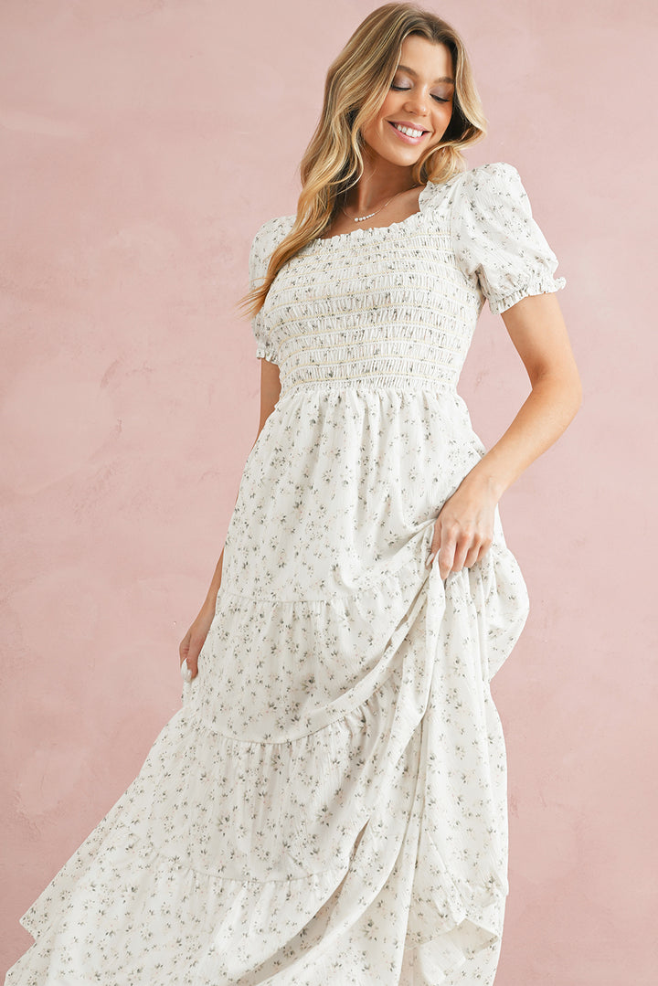 White Frill Neckline Shirred Bodice Floral Maxi Dress Maxi Dresses