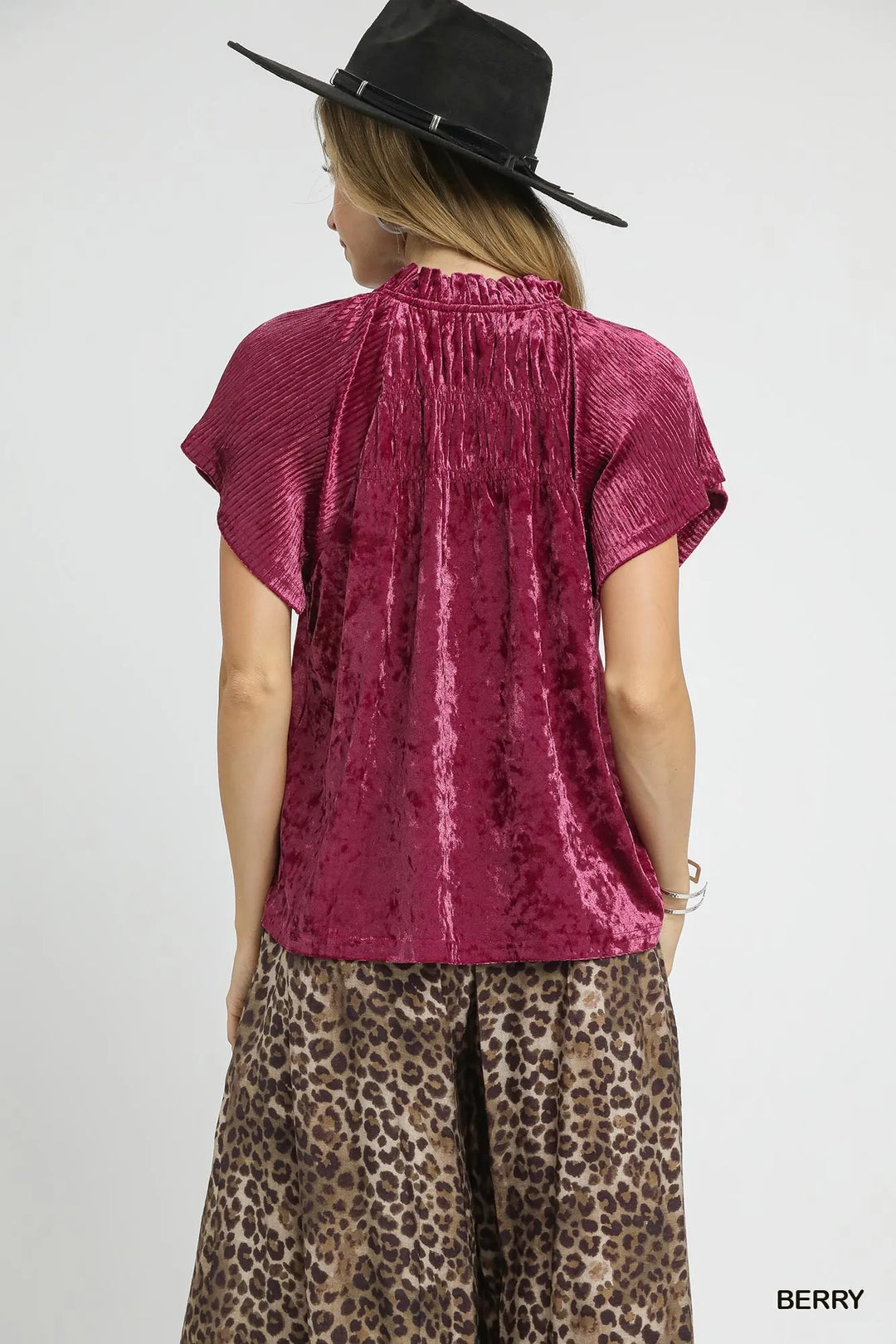 Umgee Crushed Velvet Pleated Blouse Blouses