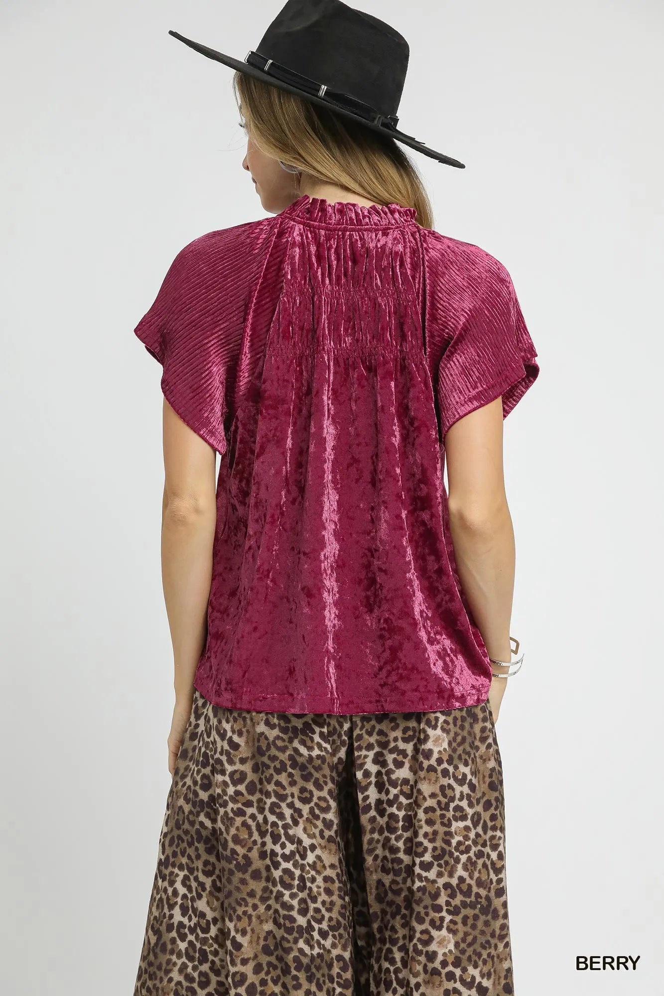 Umgee Crushed Velvet Pleated Blouse Blouses
