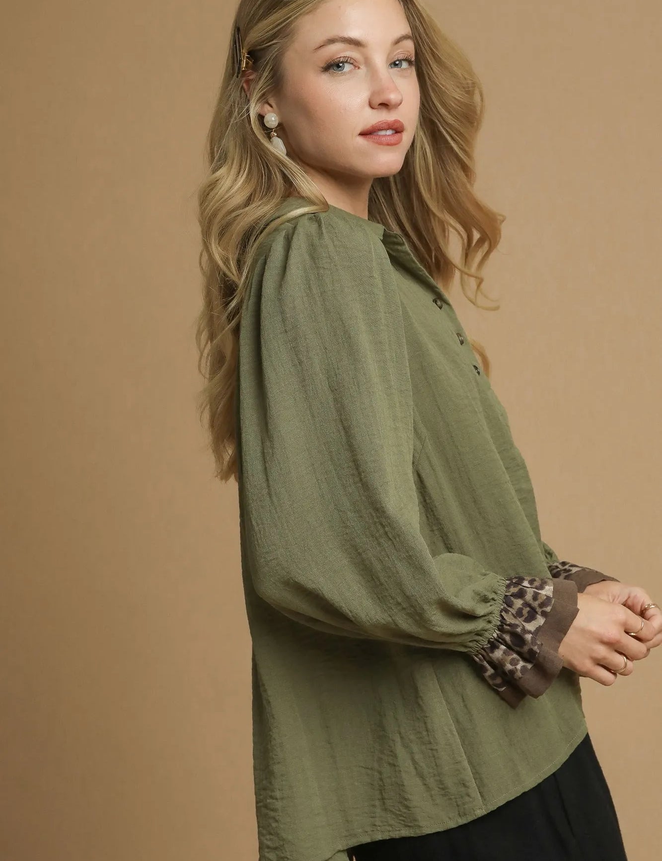 Umgee Half Button Blouse with Leopard Print Trim | Blouses Daverri Fashions