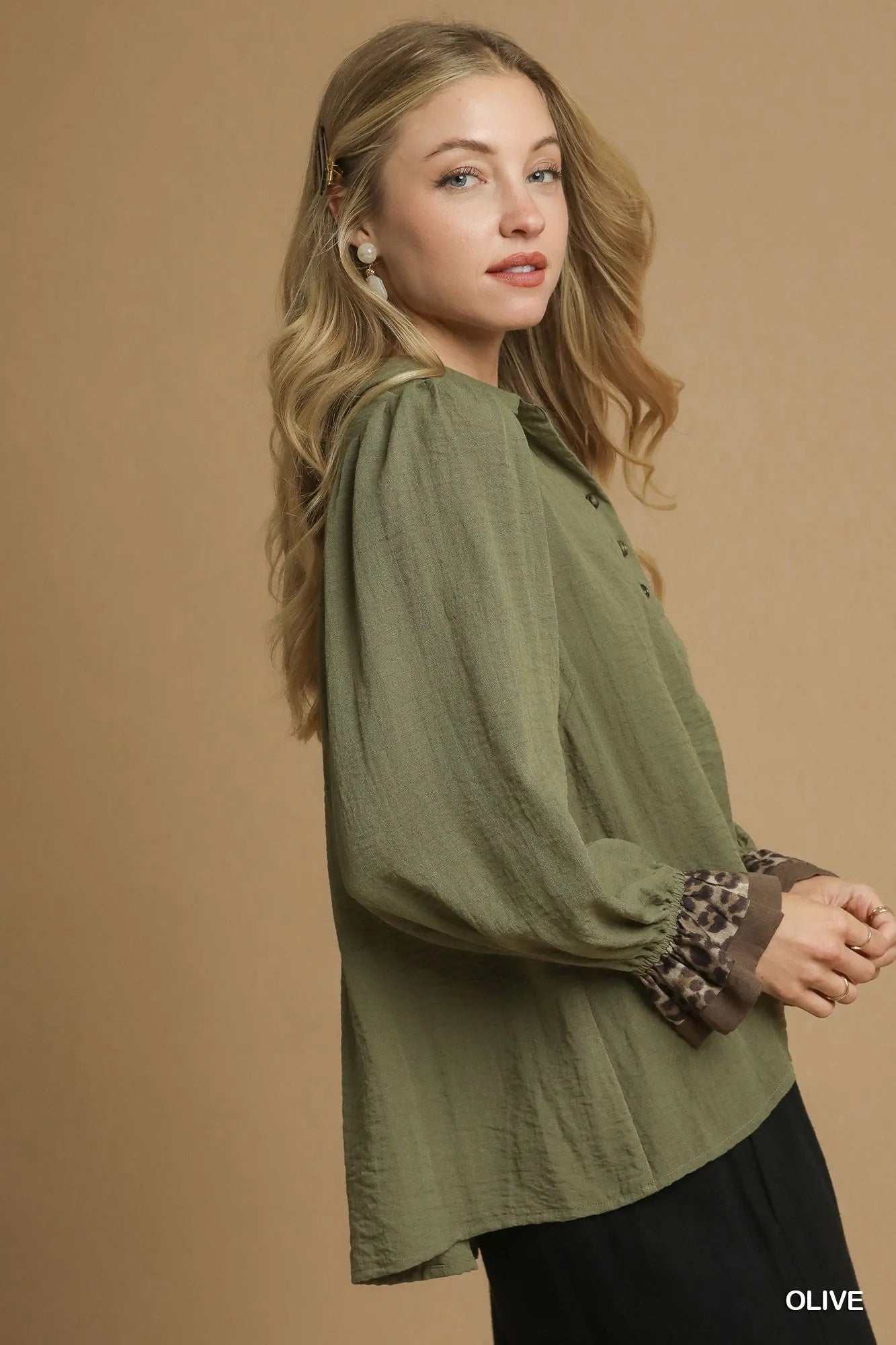 Umgee Half Button Blouse with Leopard Print Trim | Blouses Daverri Fashions