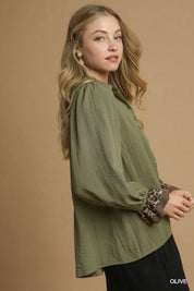 Umgee Half Button Blouse with Leopard Print Trim | Blouses Daverri Fashions