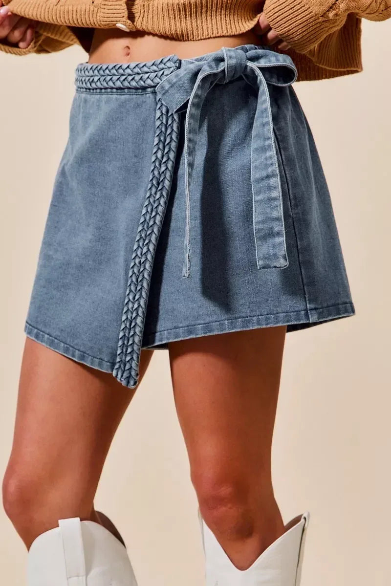 SO ME Wrap Braided Trimmed Denim Skort - DAVERRI FASHIONS