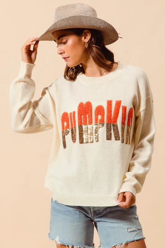 SO ME Contrast Sequin Pumpkin Slogan Sweater Top Sweaters