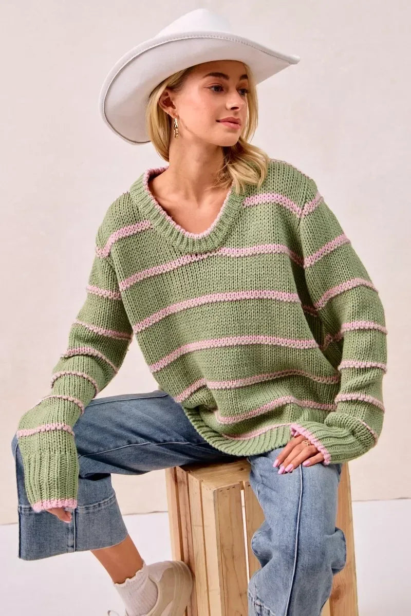 BiBi Striped Long Sleeve Sweater - DAVERRI FASHIONS