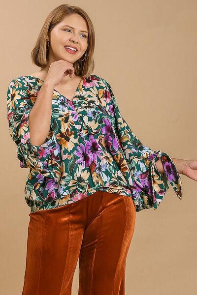 Umgee Full Size Floral V-Neck Tie Sleeve Blouse Plus Size Blouses