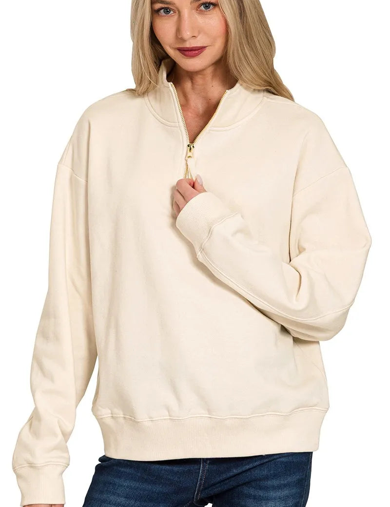 SAND BEIGE Zenana Fleece Half Zip Sweatshirt | Sweatshirts Daverri Fashions