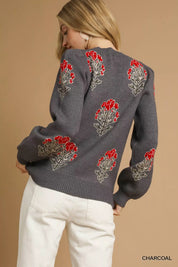 Umgee Single Flower Stem Jacquard Sweater | Sweaters Daverri Fashions