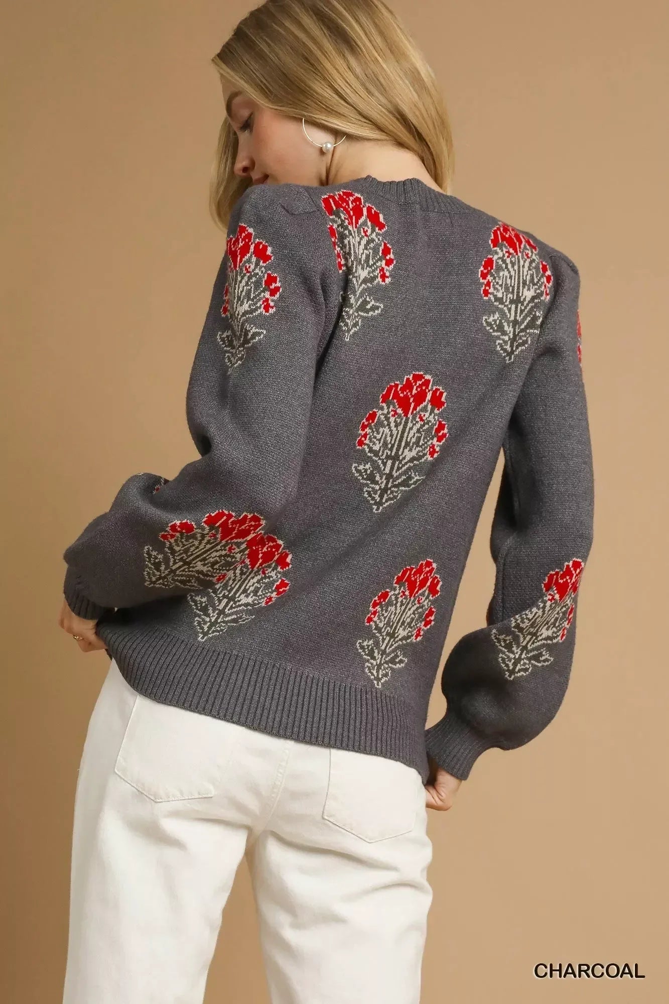 Umgee Single Flower Stem Jacquard Sweater - DAVERRI FASHIONS
