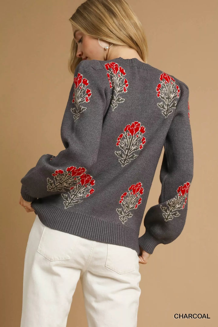 Umgee Single Flower Stem Jacquard Sweater | Sweaters Daverri Fashions
