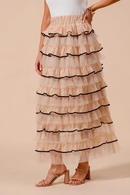 SO ME Layered Ruffled Tulle Maxi Skirt GOLD