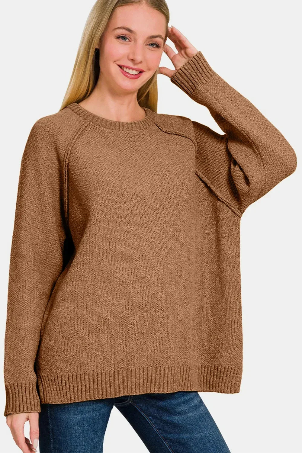 Zenana Side Slit Raglan Sleeve Sweater - DAVERRI FASHIONS