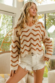 BiBi Wavy Stripes V-Neck Cropped Sweater | Sweaters Daverri Fashions