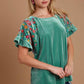 Umgee Velvet Embroidery Short Sleeve Blouse Blouses