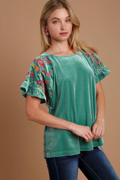 Umgee Velvet Embroidery Short Sleeve Blouse Blouses