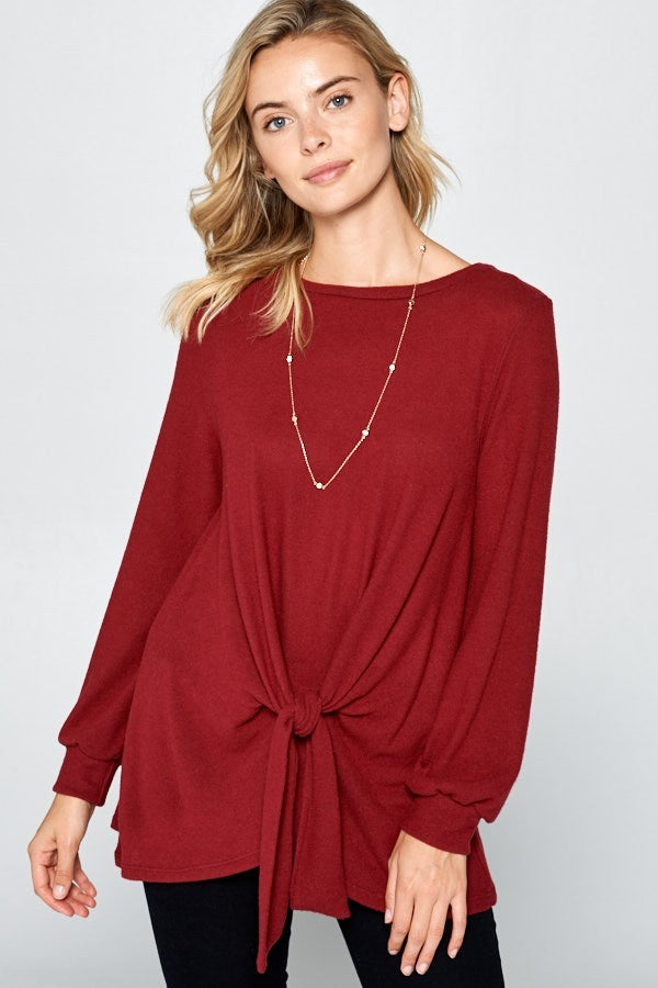 Full Size Round Neck Knot Front Hacci Blouse Burgundy Tops