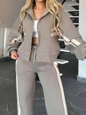 Full Size Contrast Stripe Zip Up Jacket and Pants Set Plus Size | Loungewear Sets Daverri Fashions